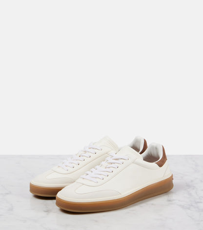 Loro Piana Tennis Walk Suede-Trimmed Leather Sneakers in White, angle — The Quiet Edition