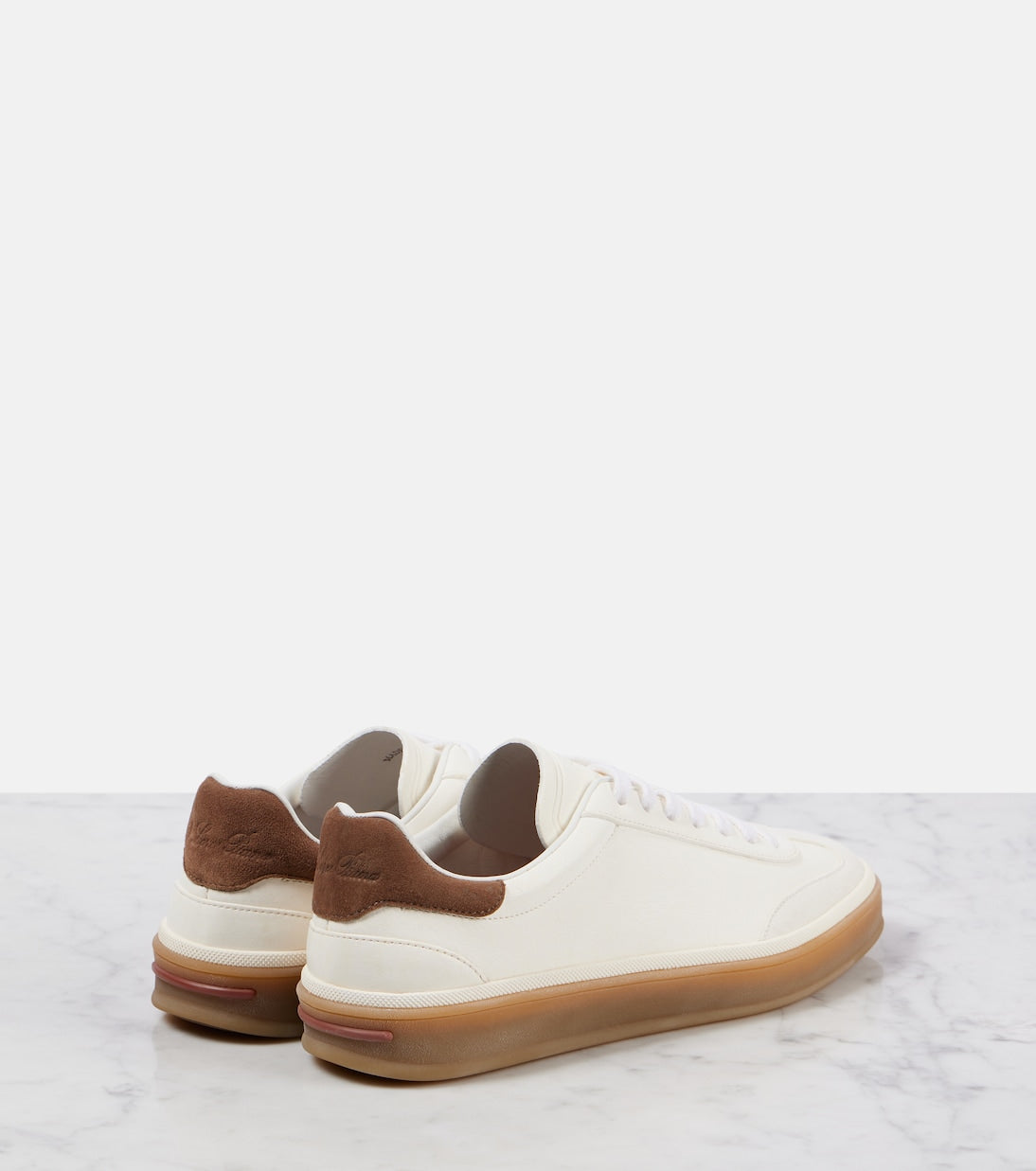 Loro Piana Tennis Walk Suede-Trimmed Leather Sneakers in White, back — The Quiet Edition