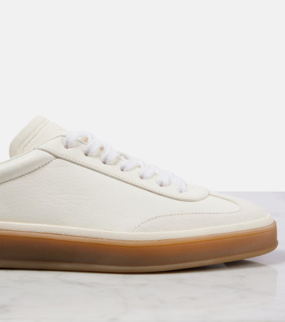 Loro Piana Tennis Walk Suede-Trimmed Leather Sneakers in White, detail — The Quiet Edition