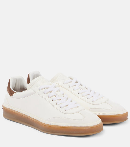 Loro Piana Tennis Walk Suede-Trimmed Leather Sneakers in White, front — The Quiet Edition