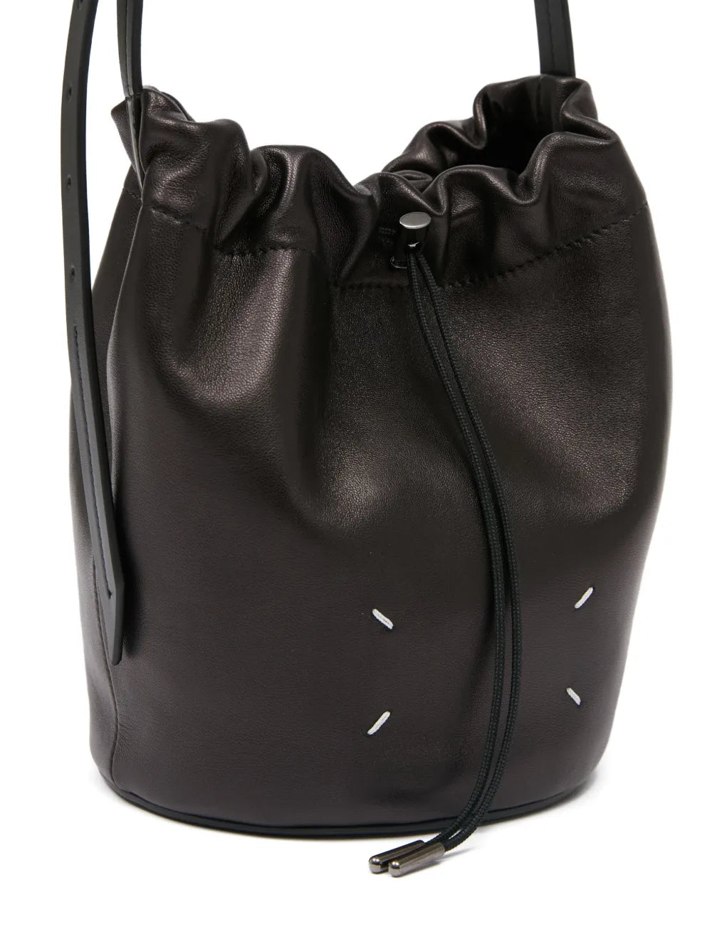 Maison Margiela Four Stitches Drawstring Bucket Bag in Brown, angle — The Quiet Edition