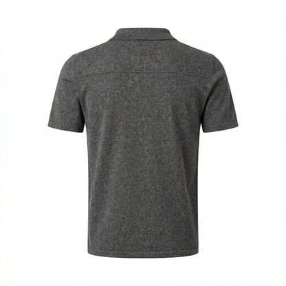 Miu Miu cashmere polo shirt in grey, back view — The Quiet Edition