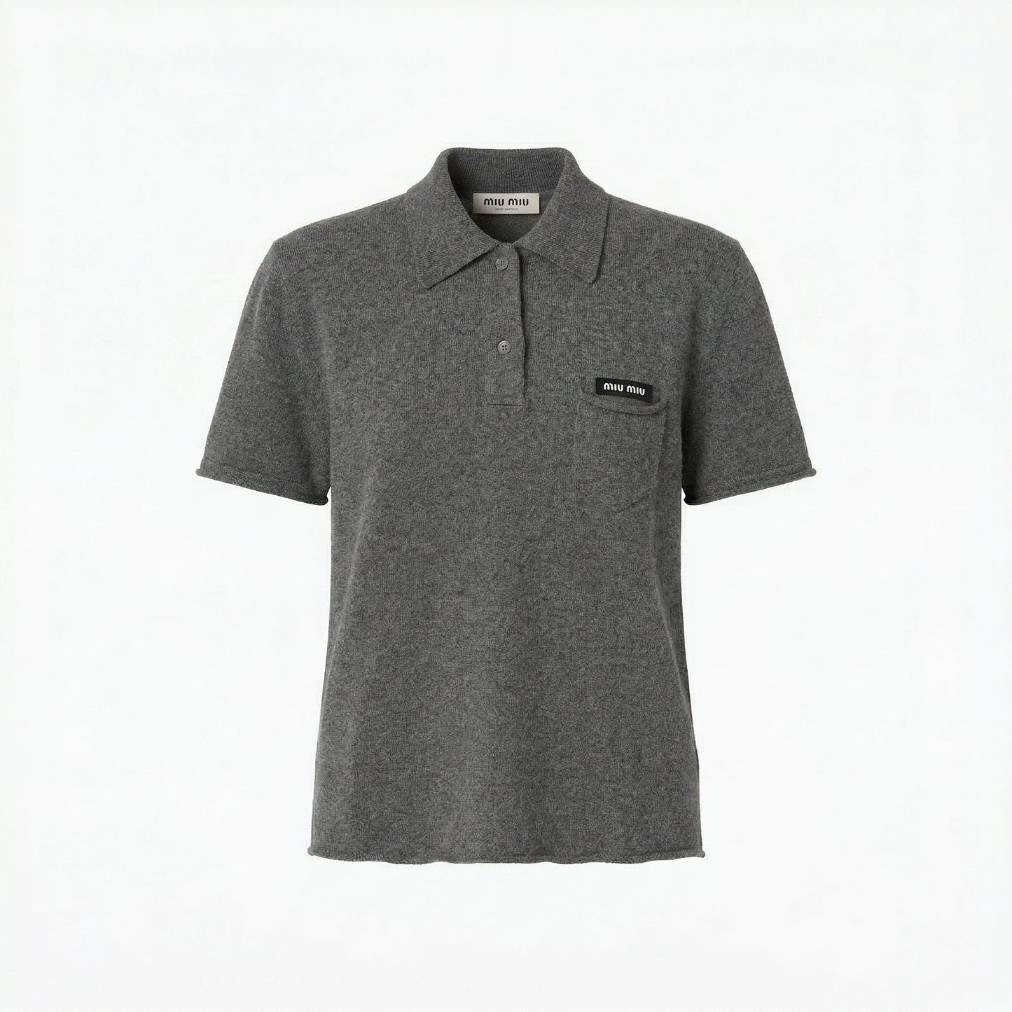 Miu Miu cashmere polo shirt in grey, front view — The Quiet Edition