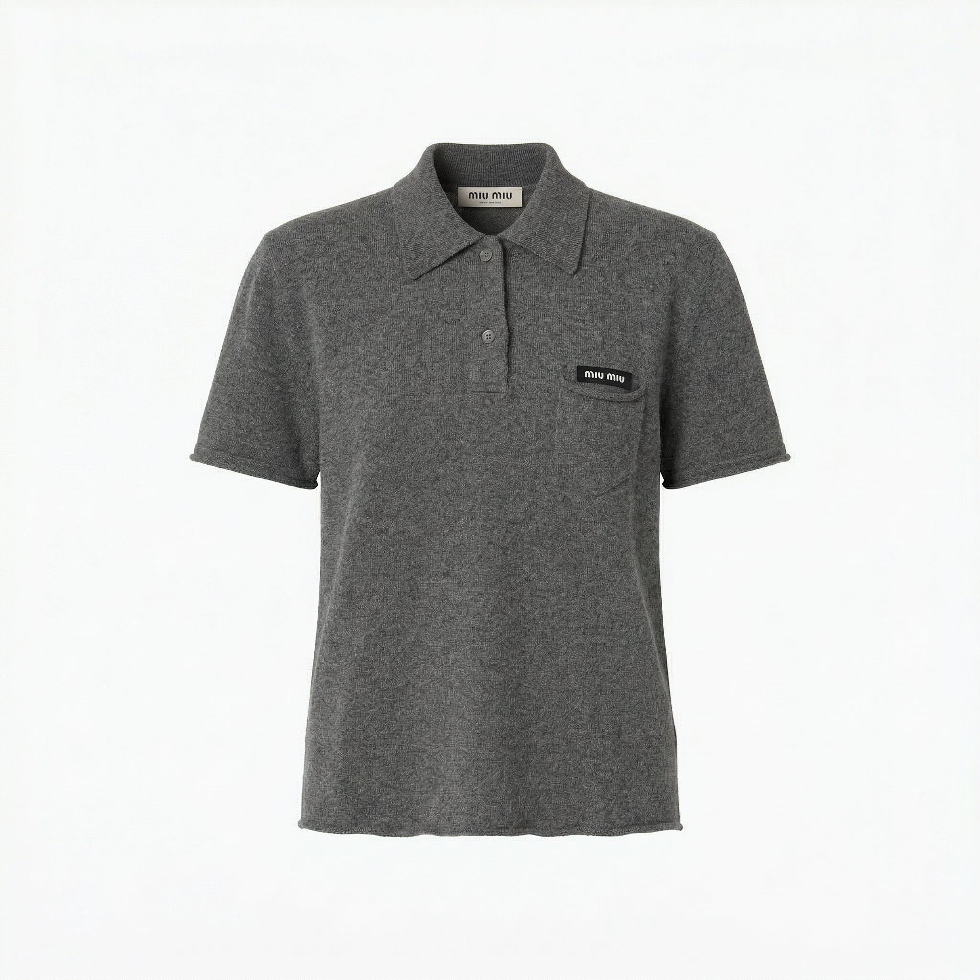 Miu Miu cashmere polo shirt in grey, front view — The Quiet Edition