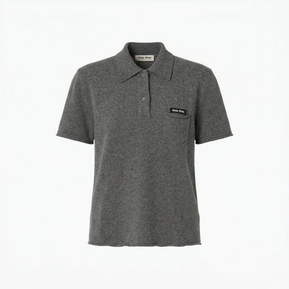 Miu Miu cashmere polo shirt in grey, front view — The Quiet Edition
