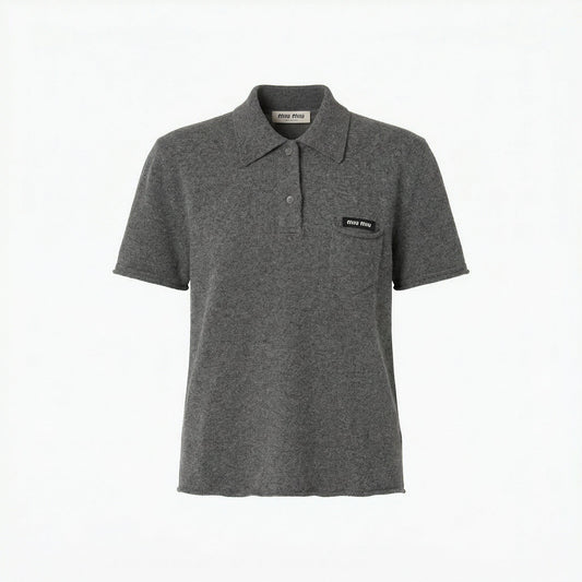Miu Miu cashmere polo shirt in grey, front view — The Quiet Edition