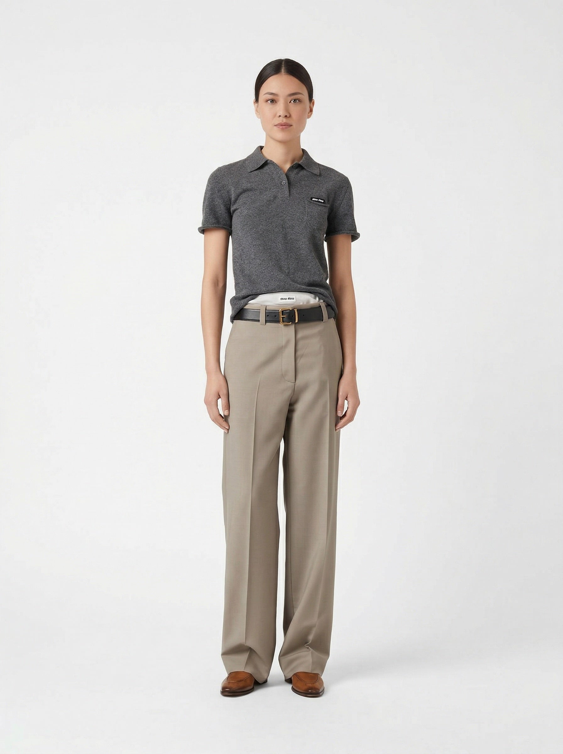 Miu Miu cashmere polo shirt in grey, model front — The Quiet Edition