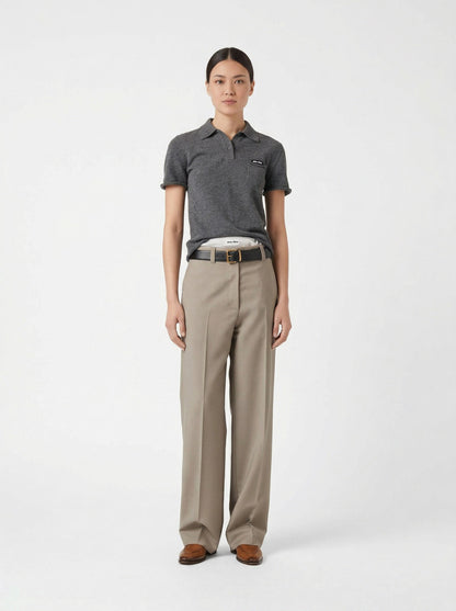 Miu Miu cashmere polo shirt in grey, model front — The Quiet Edition
