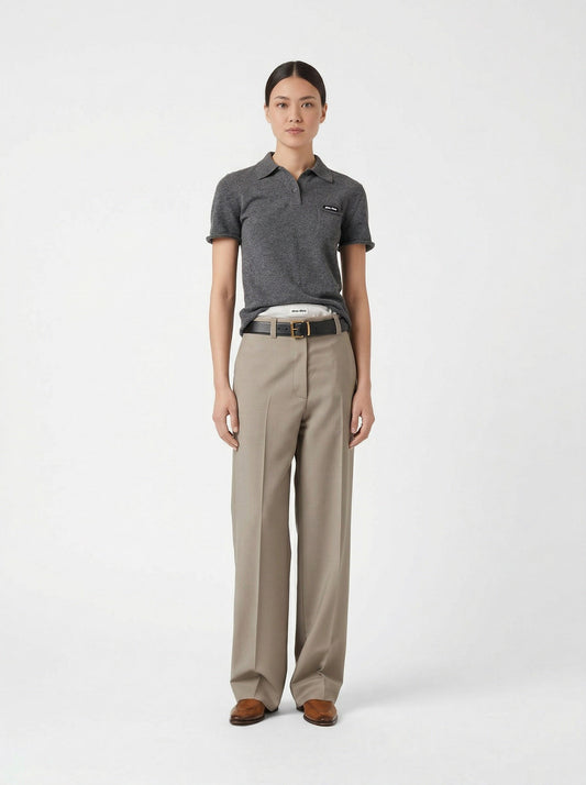 Miu Miu cashmere polo shirt in grey, model front — The Quiet Edition
