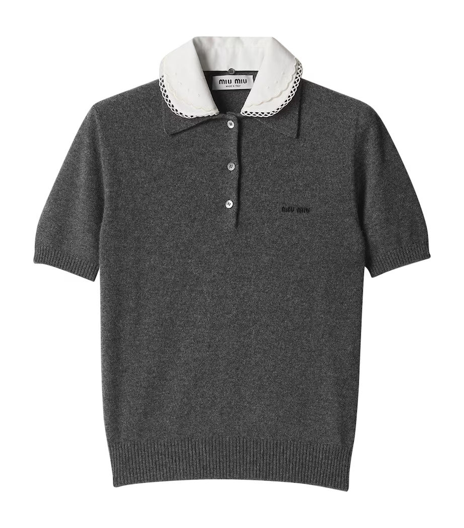 Miu Miu collared cashmere polo sweater in grey, front product view — The Quiet Edition