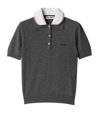 Miu Miu collared cashmere polo sweater in grey, front product view — The Quiet Edition