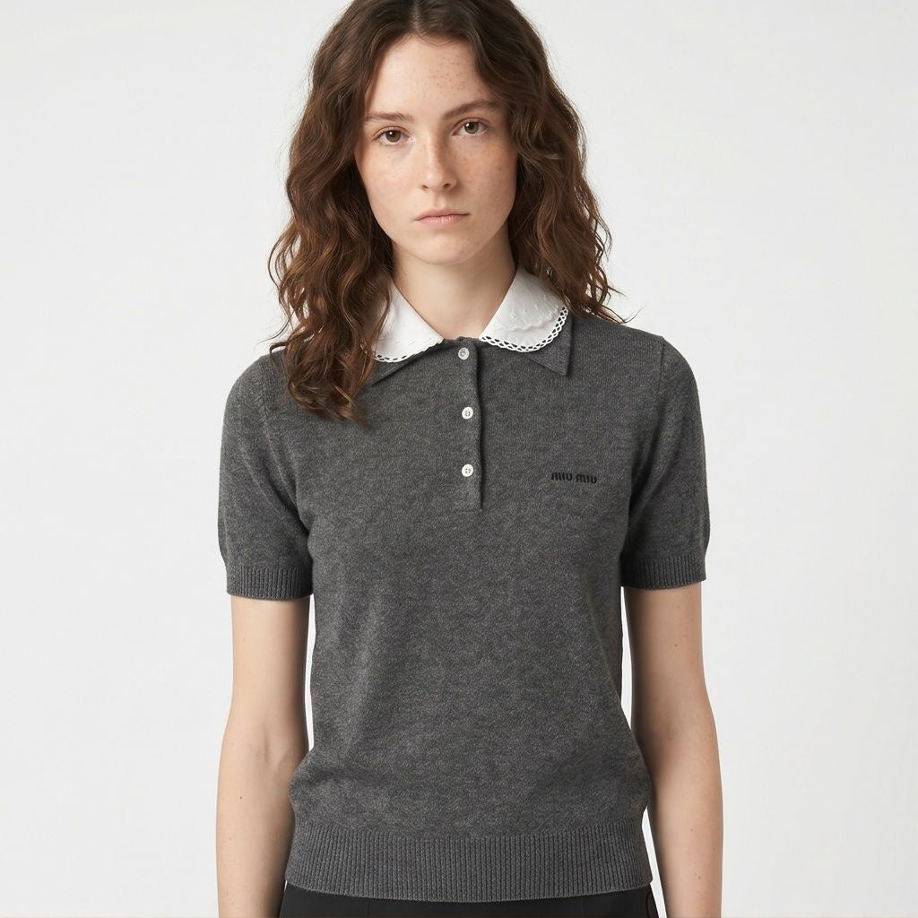 Miu Miu collared cashmere polo sweater in grey, front view on model — The Quiet Edition