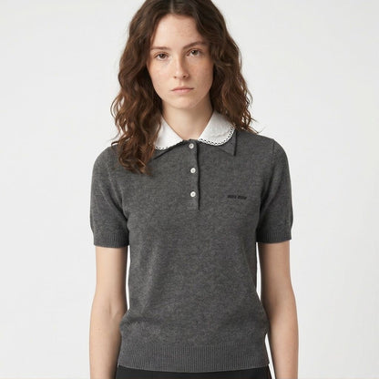 Miu Miu collared cashmere polo sweater in grey, front view on model — The Quiet Edition