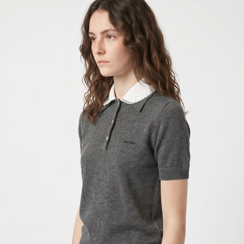 Miu Miu collared cashmere polo sweater in grey, side angle on model — The Quiet Edition
