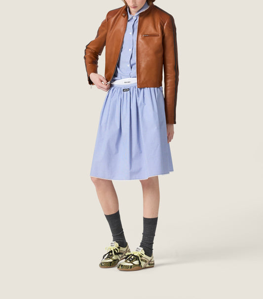 Miu Miu Cotton Gingham Midi Skirt in White, back — The Quiet Edition