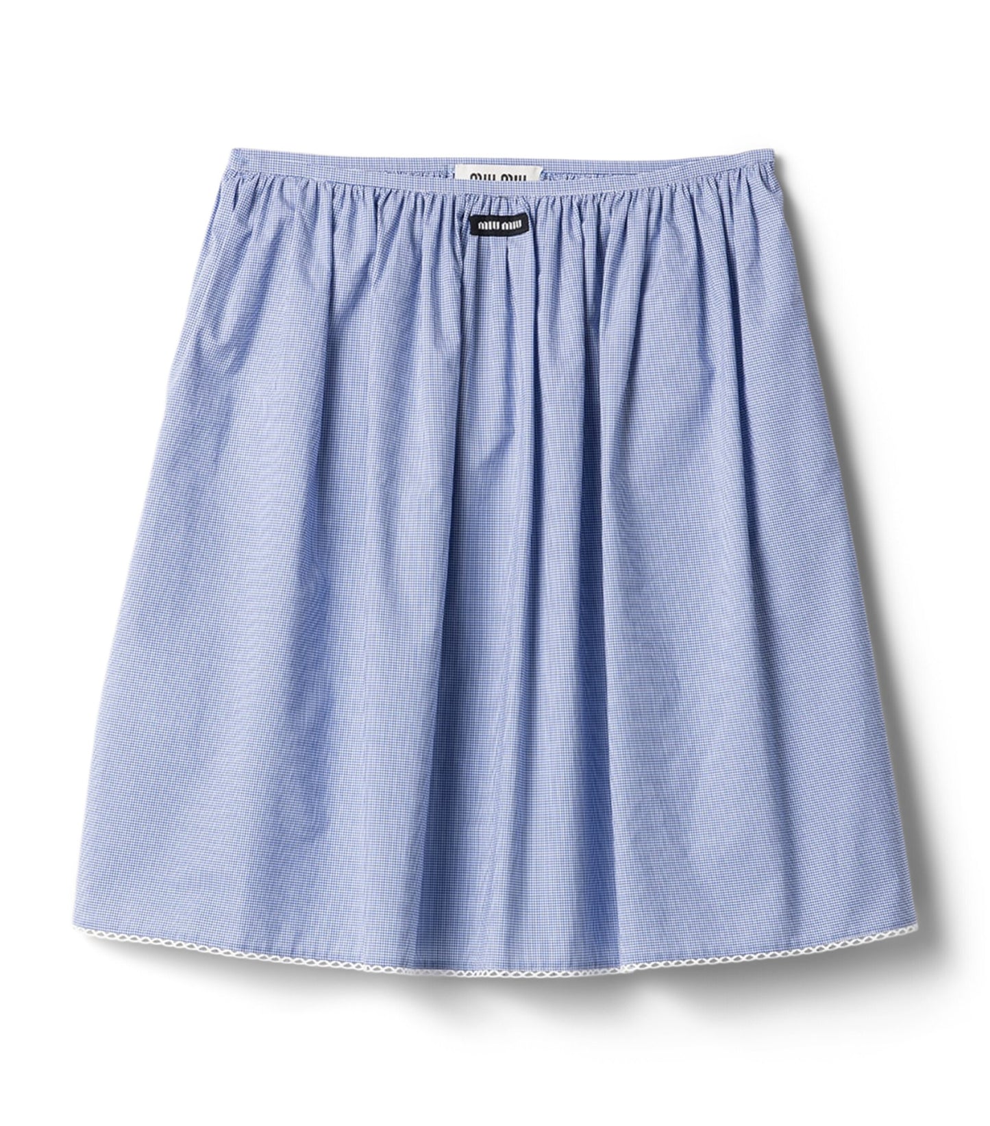 Miu Miu Cotton Gingham Midi Skirt in White, front — The Quiet Edition