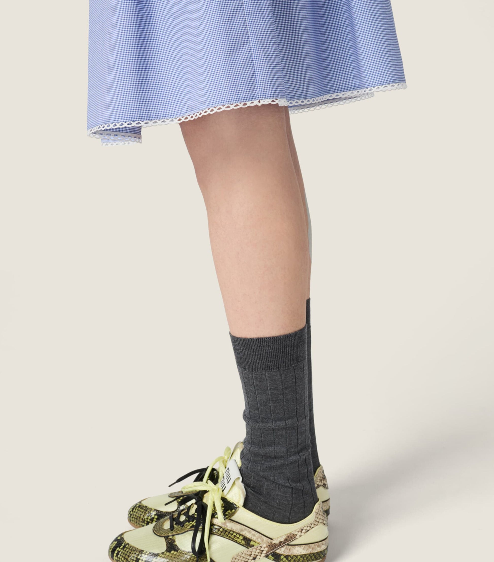 Miu Miu Cotton Gingham Midi Skirt in White, side — The Quiet Edition