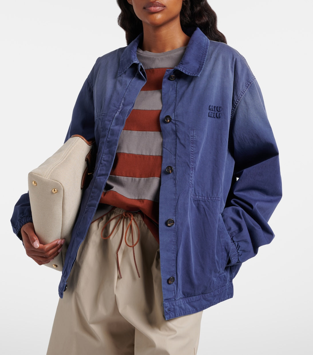Miu Miu Cotton Twill Blouson Jacket, worn open front view | The Quiet Edition
