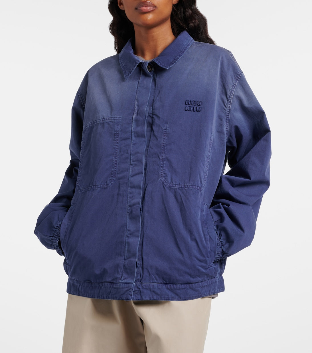 Miu Miu Cotton Twill Blouson Jacket, worn front view | The Quiet Edition