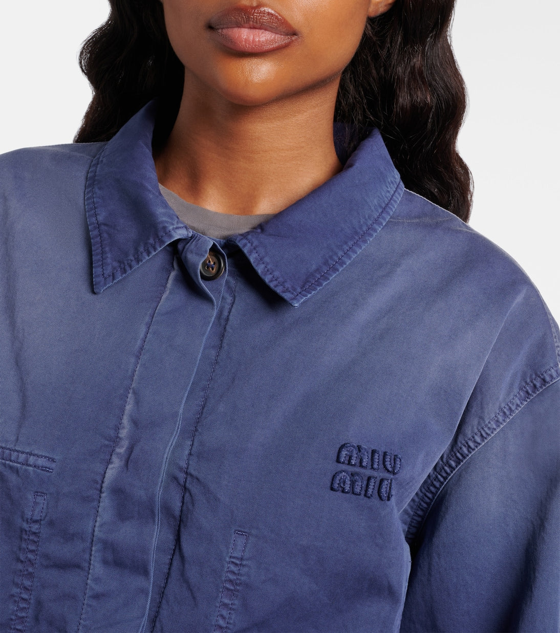 Miu Miu Cotton Twill Blouson Jacket, collar and logo detail | The Quiet Edition