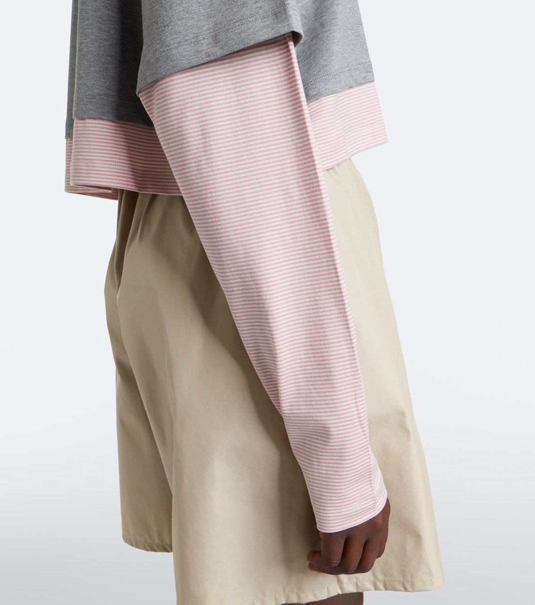 Miu Miu layered cotton jersey T-shirt in grey, cropped hem and striped sleeve detail