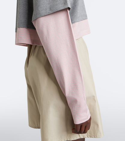 Miu Miu layered cotton jersey T-shirt in grey, cropped hem and striped sleeve detail