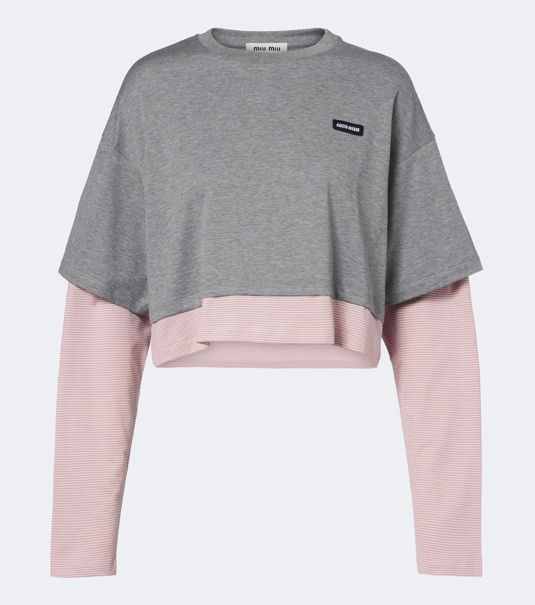 Miu Miu layered cotton jersey T-shirt in grey with pink striped sleeves, front view