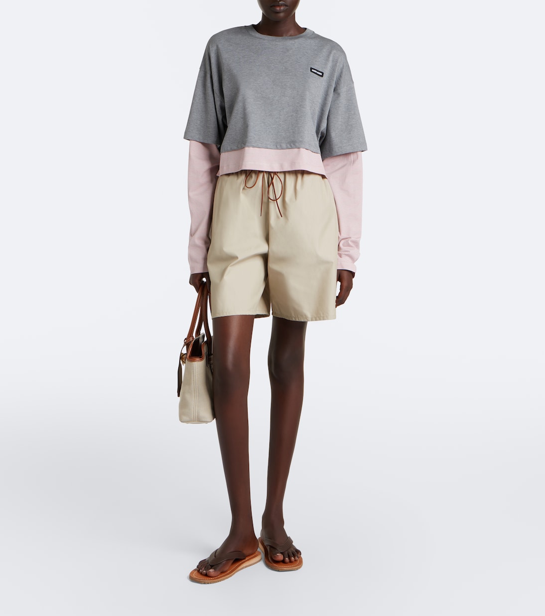 Miu Miu layered cotton jersey T-shirt in grey worn full-length front view