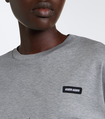 Miu Miu layered cotton jersey T-shirt in grey, logo patch and crewneck detail