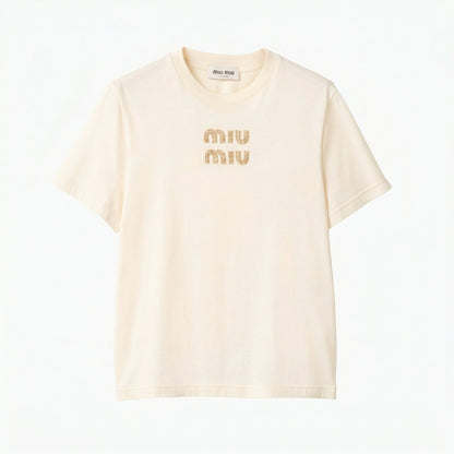 Miu Miu embroidered logo t-shirt in white, front view — The Quiet Edition