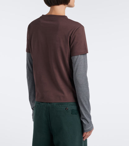 Miu Miu layered cotton jersey T-shirt in brown worn back view
