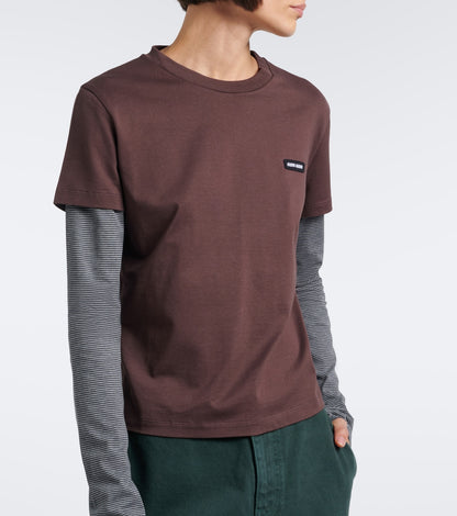 Miu Miu layered cotton jersey T-shirt in brown worn front view with green trousers