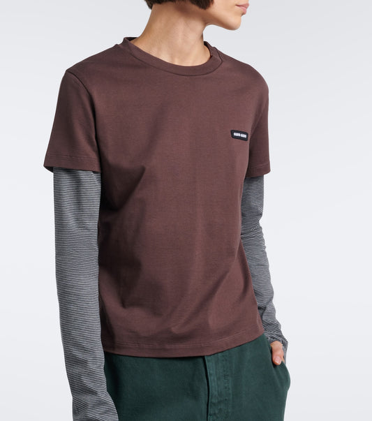 Miu Miu layered cotton jersey T-shirt in brown worn front view with green trousers