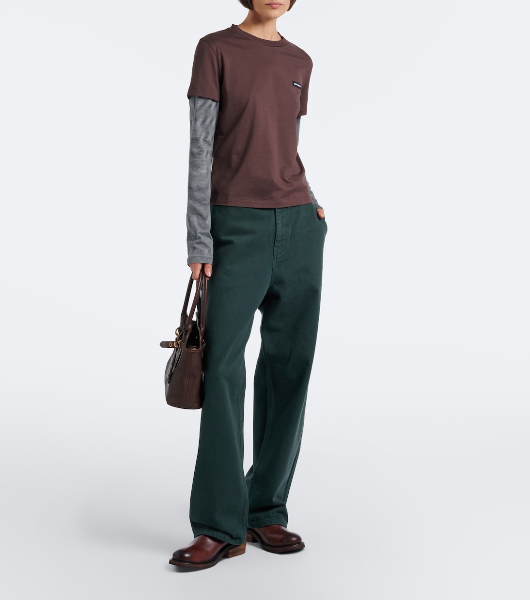 Miu Miu layered cotton jersey T-shirt in brown worn full-length front view