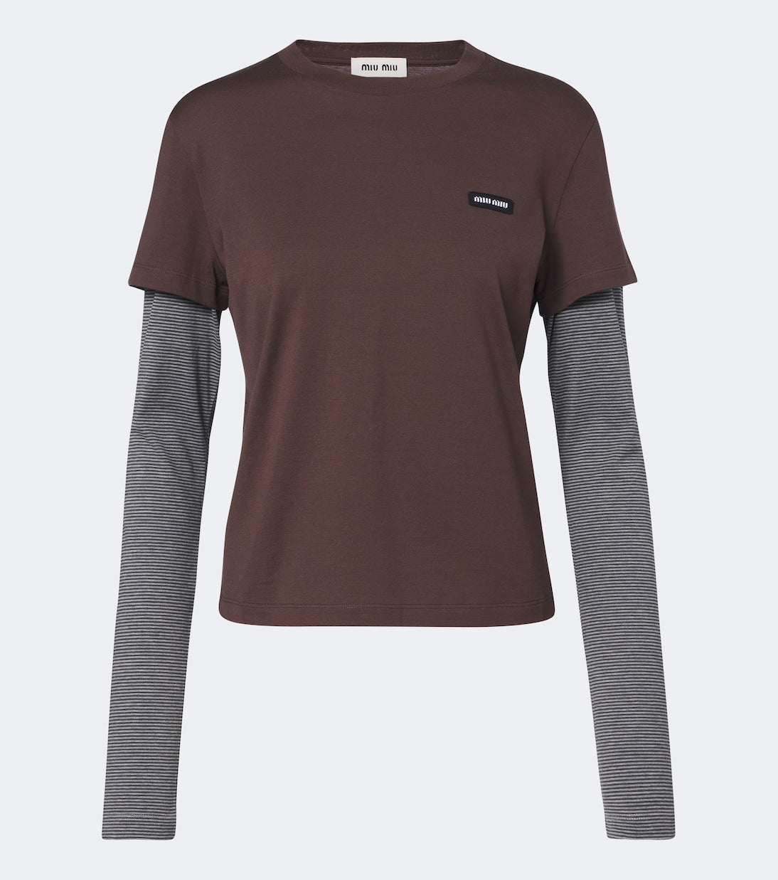 Miu Miu layered cotton jersey T-shirt in brown with grey striped sleeves, front view