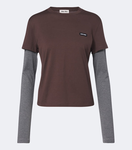 Miu Miu layered cotton jersey T-shirt in brown with grey striped sleeves, front view