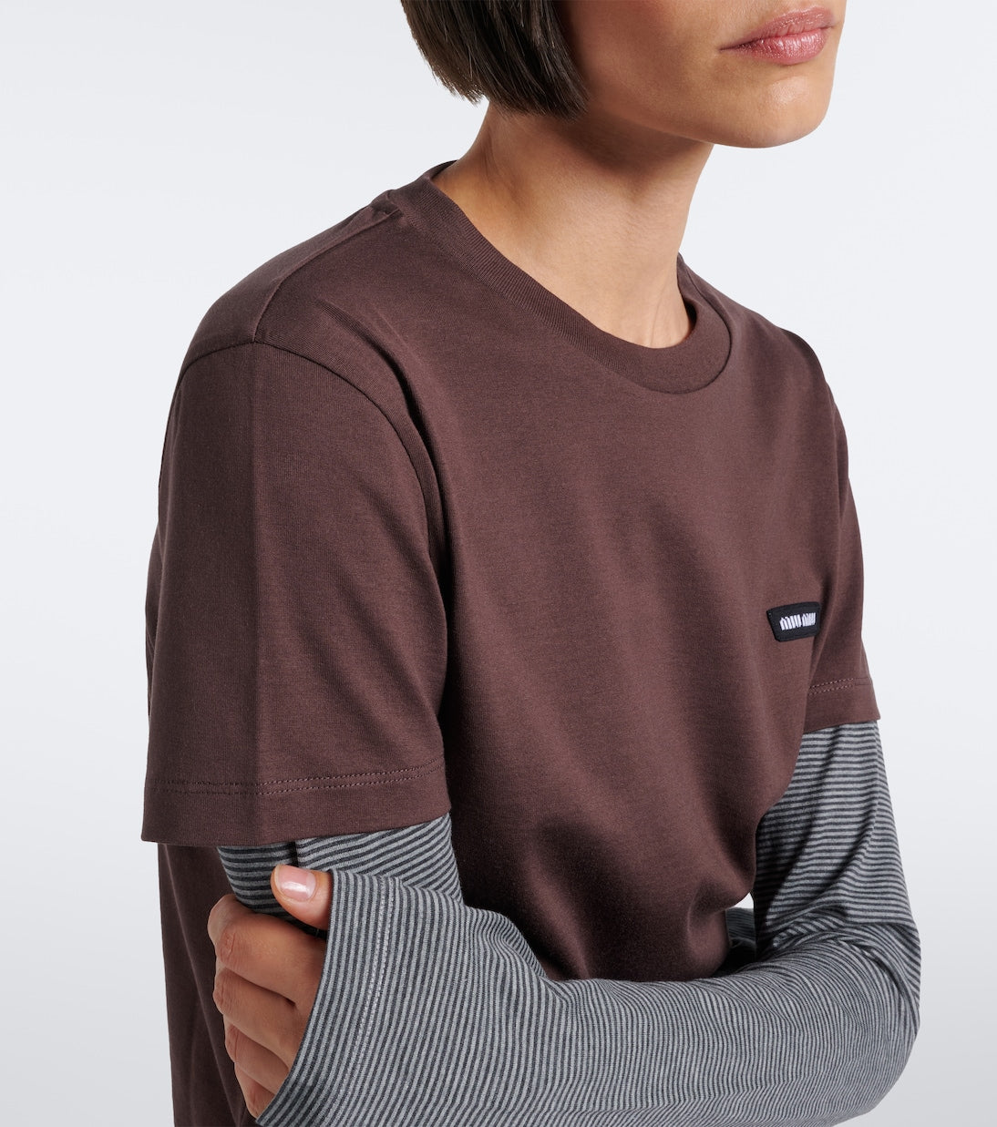 Miu Miu layered cotton jersey T-shirt in brown, logo patch and shoulder detail
