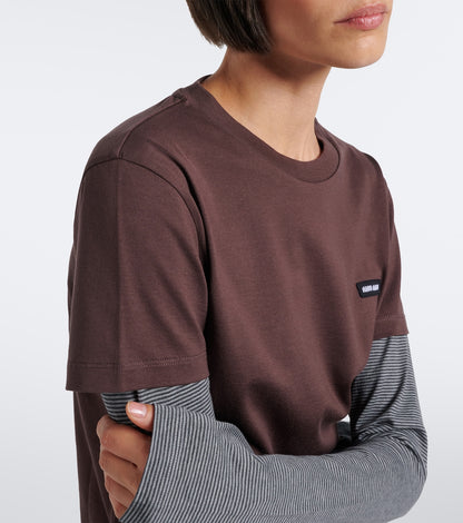 Miu Miu layered cotton jersey T-shirt in brown, logo patch and shoulder detail
