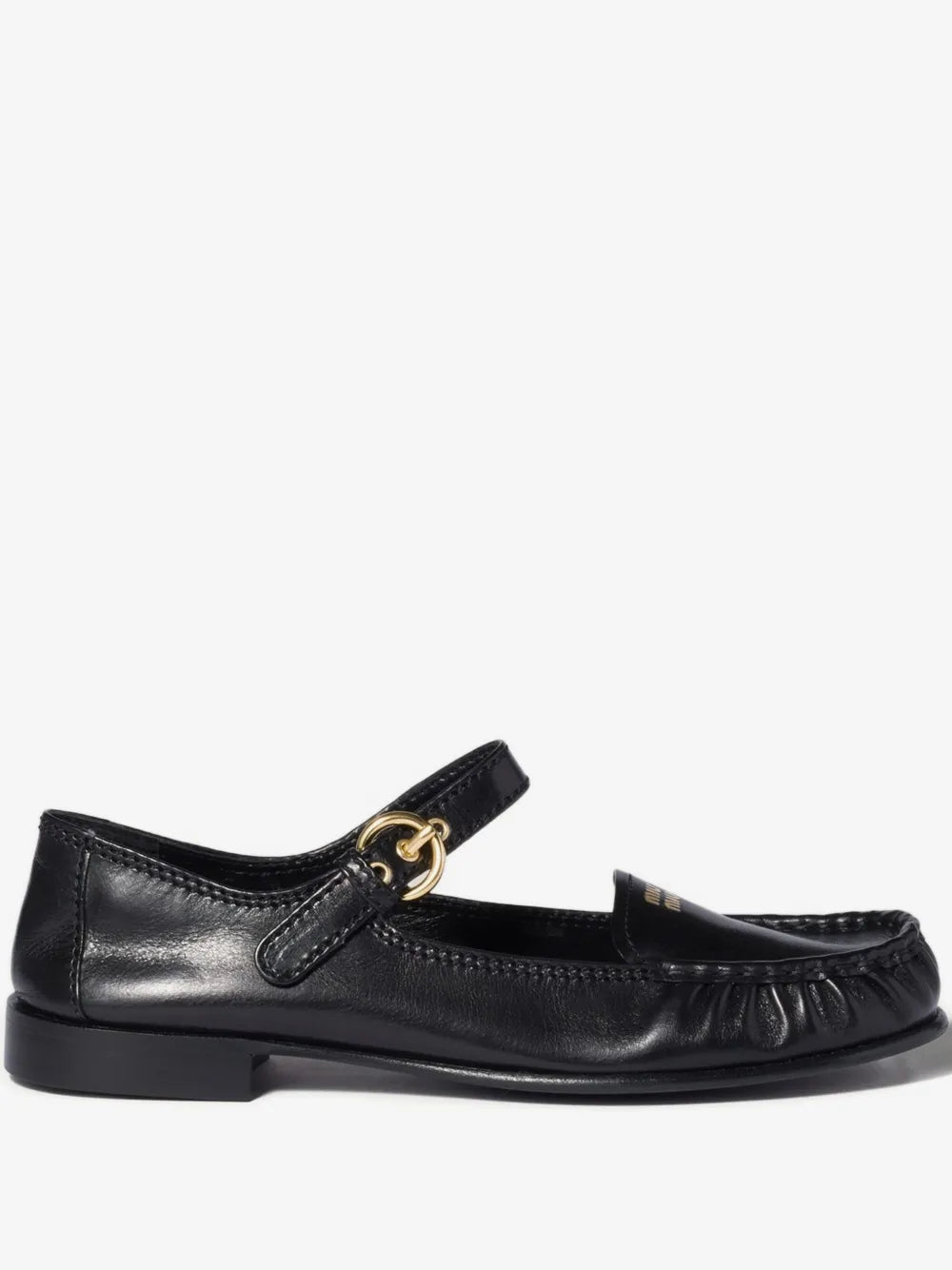 Miu Miu Leather Loafers with Strap in Black, side view — The Quiet Edition