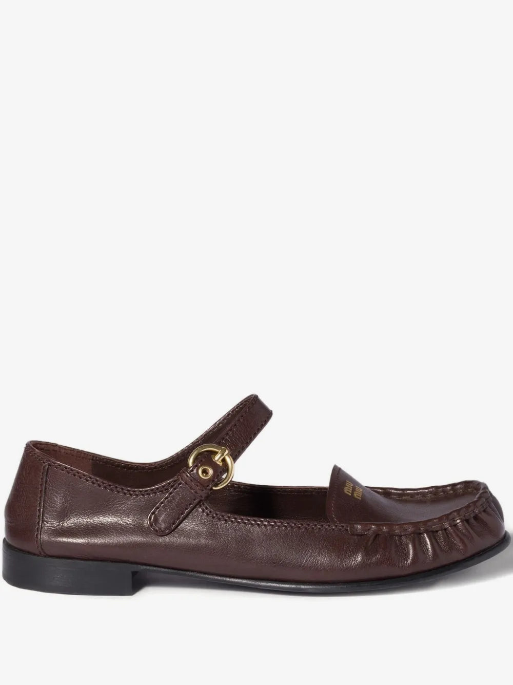 Miu Miu Leather Loafers with Strap in Brown, side view — The Quiet Edition