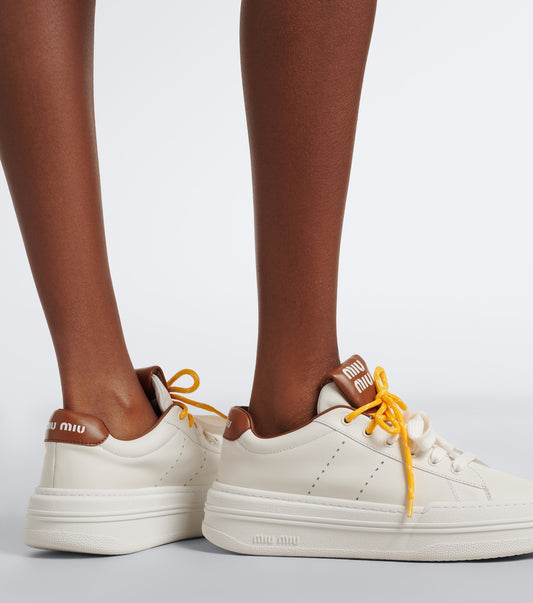 Miu Miu Leather Platform Sneakers in White, back — The Quiet Edition