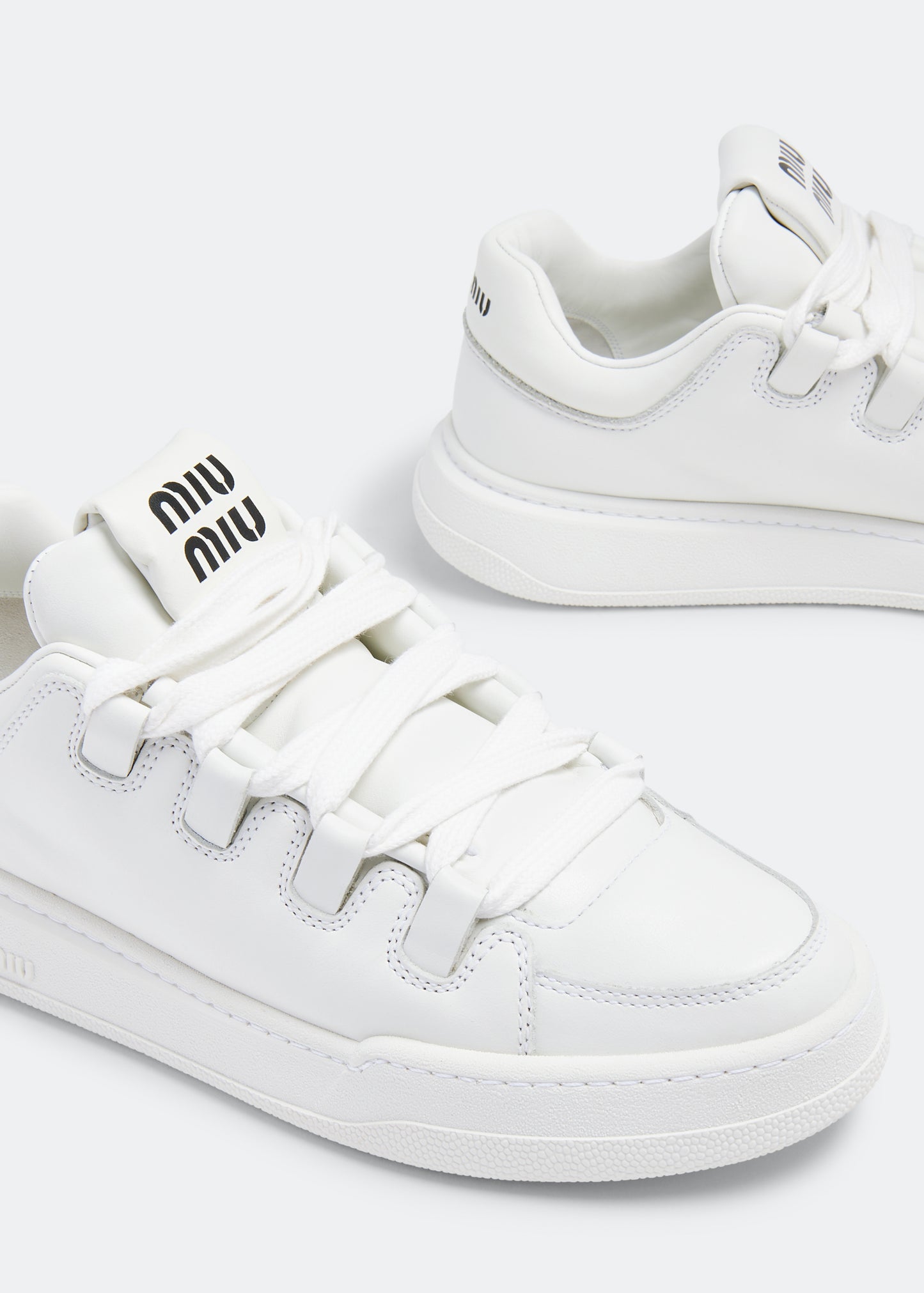 Miu Miu Leather Sneakers in White, back — The Quiet Edition
