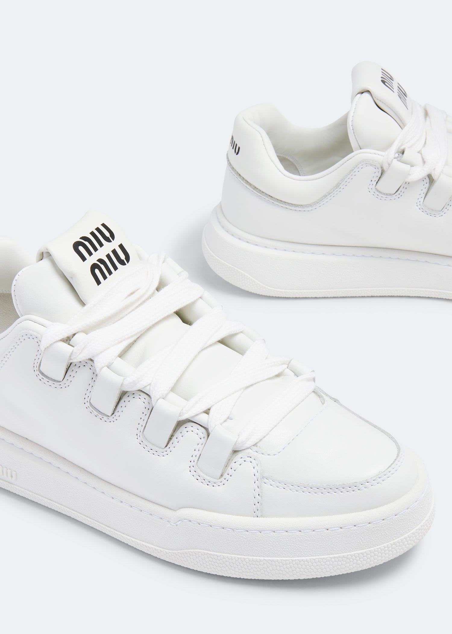 Miu Miu Leather Sneakers in White, back — The Quiet Edition