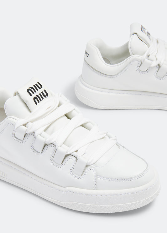 Miu Miu Leather Sneakers in White, back — The Quiet Edition