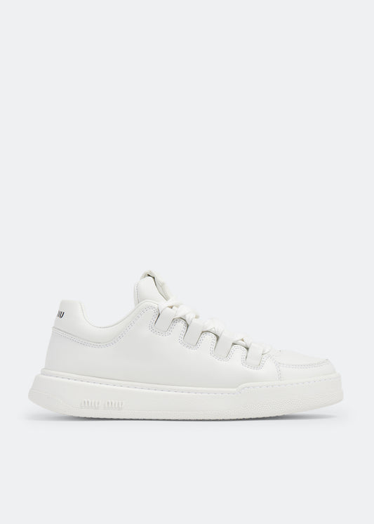 Miu Miu Leather Sneakers in White, front — The Quiet Edition