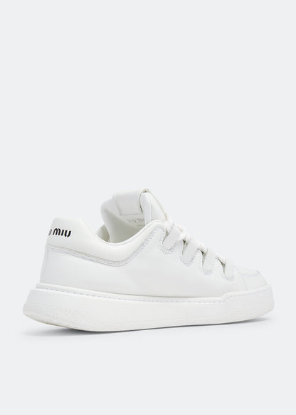 Miu Miu Leather Sneakers in White, side — The Quiet Edition