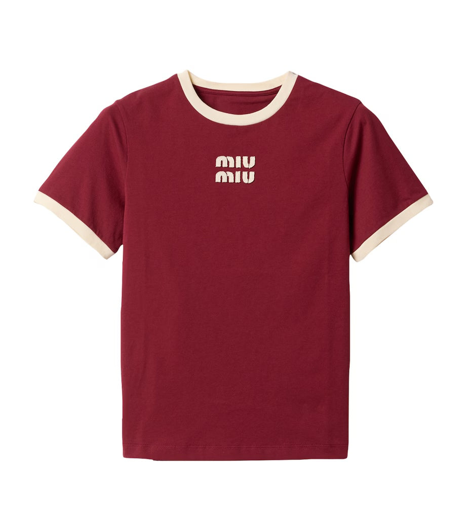 Miu Miu logo cotton t-shirt in burgundy with cream ringer trim, front product view — The Quiet Edition