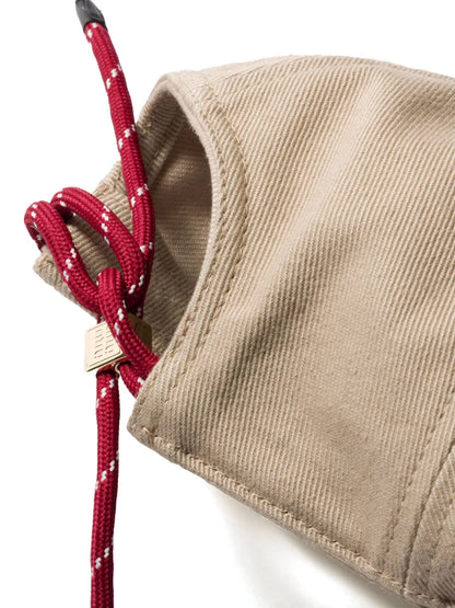 Miu Miu Logo-Embroidered Drawstring Baseball Cap in Beige, back — The Quiet Edition