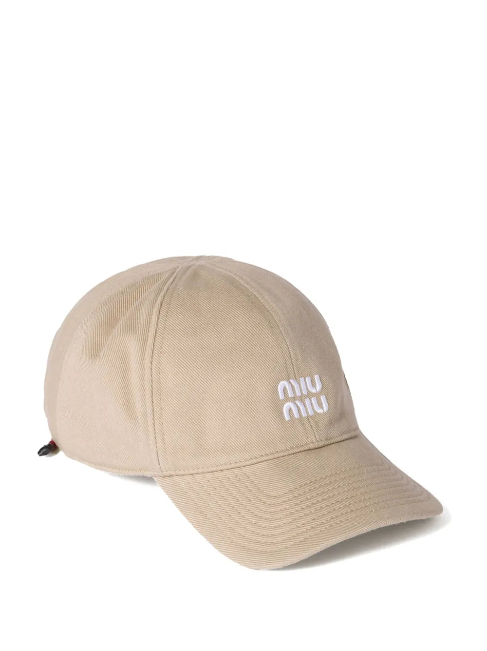 Miu Miu Logo-Embroidered Drawstring Baseball Cap in Beige, front — The Quiet Edition