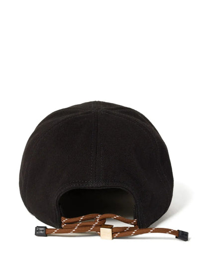 Miu Miu Logo-Embroidered Drawstring Baseball Cap in Black, back — The Quiet Edition